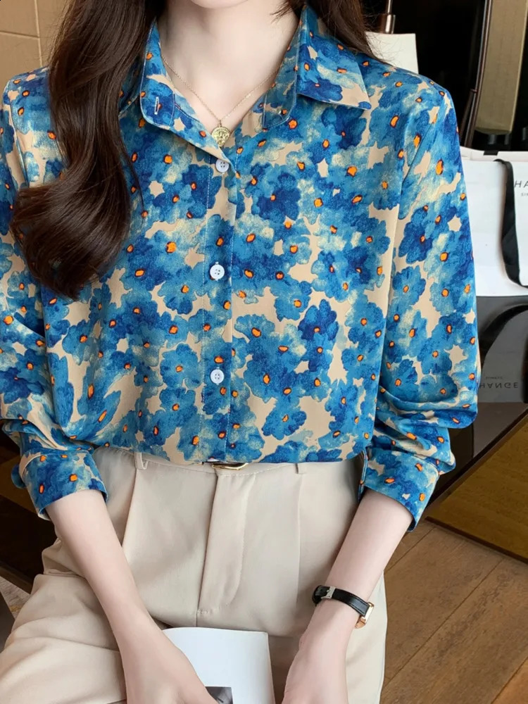 #3183 Blue Pink Vintage Long Sleeve Shirt Women Full Floral Printed Femme Loose Thin Chiffon Blouse 241228