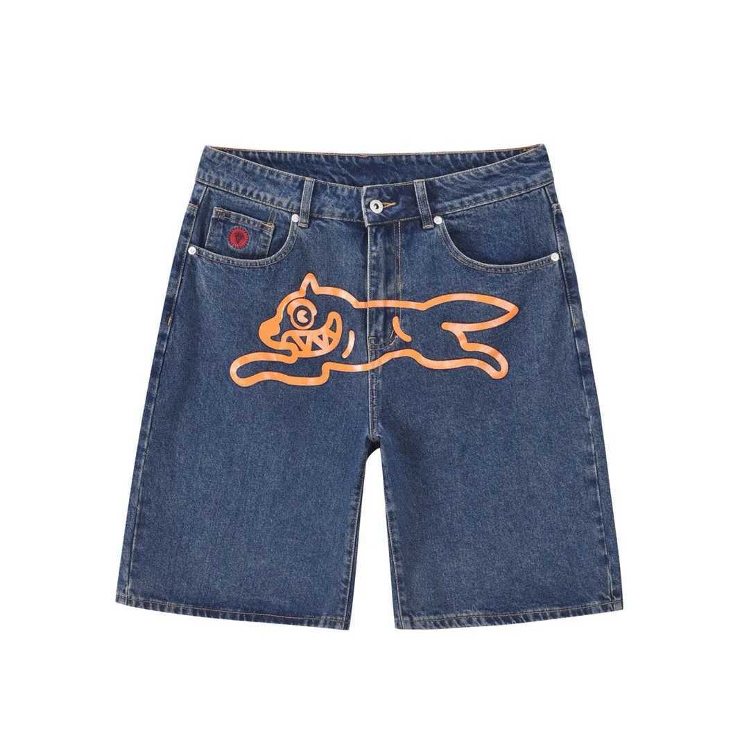 New Summer Y2k Streetwear Mens Denim Shorts Hip Pop Dog Printed Wide Leg Baggy Shorts Pants Male Knee Length Jeans W241228