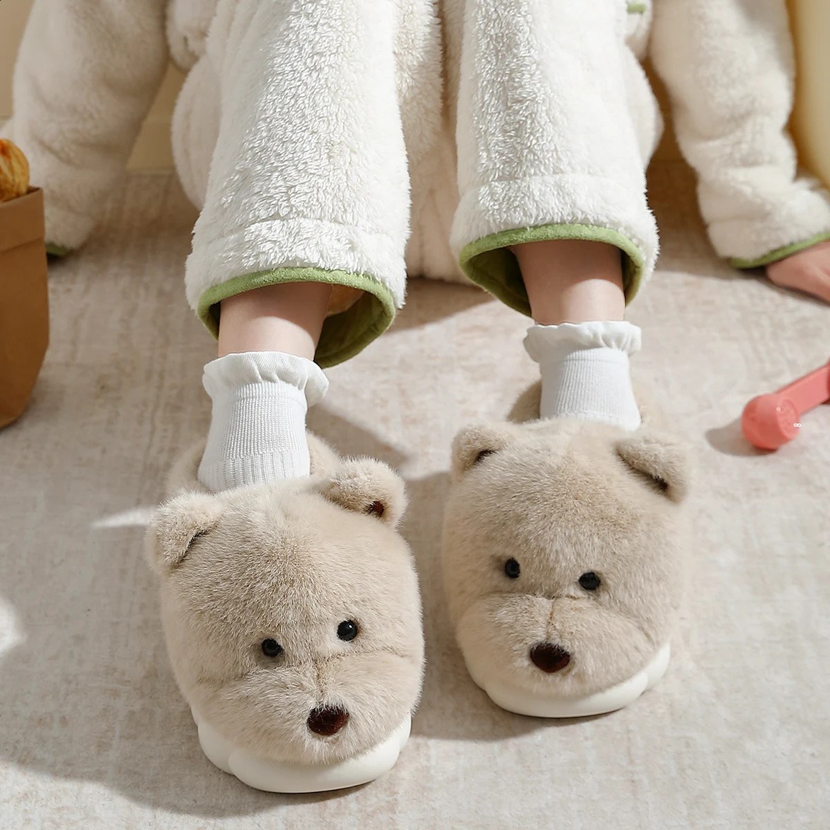 QYCKABY Cute Indoor Home Slippers Women Men Warm Soft Plush Nonslip Fur Dog Lovers Shoes 241223