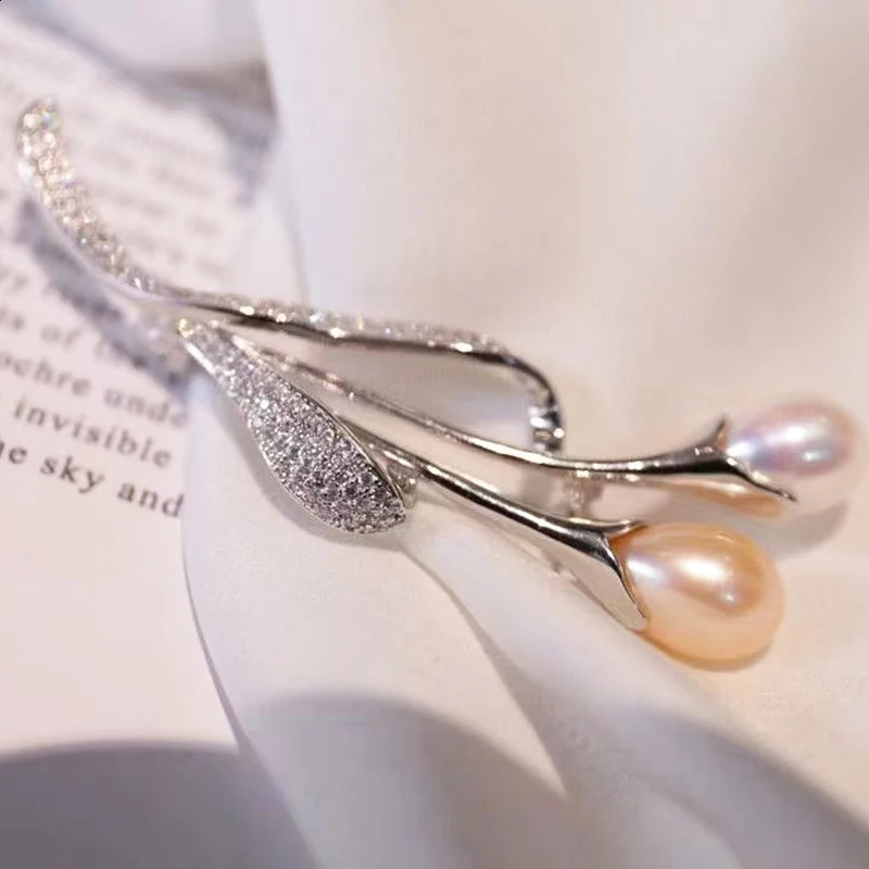 Natural Fresh Water Pearl Brooch Flower Style Simple 925Sterling Silver With Cubic Zircon 241227
