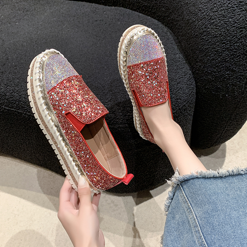 Women's Water Diamond Fashion Casual Shoes Designer Flat Shoes High Quality Thick Bottom Luxury Single Shoes Zapatos de Mujer Luxurious shiny out