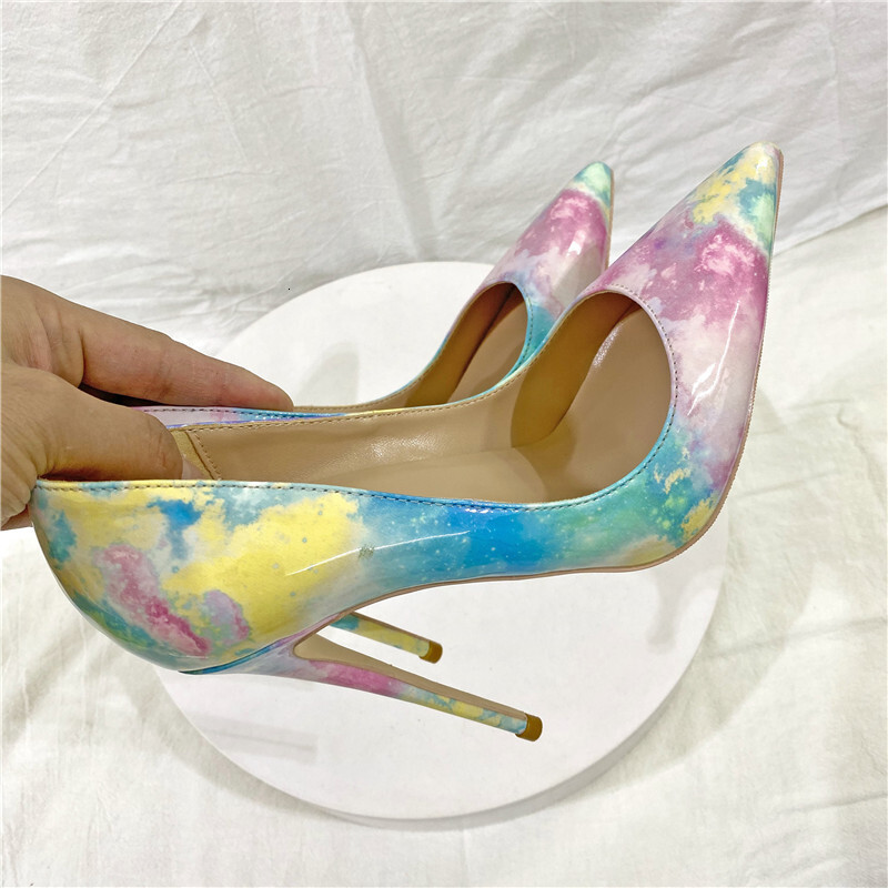Colorful Print Patent Leather Women's Pointed Toe Stilettos Sexy Ladies Banquet Slip-On High Heels 8Cm 10Cm 12Cm Party Shoes