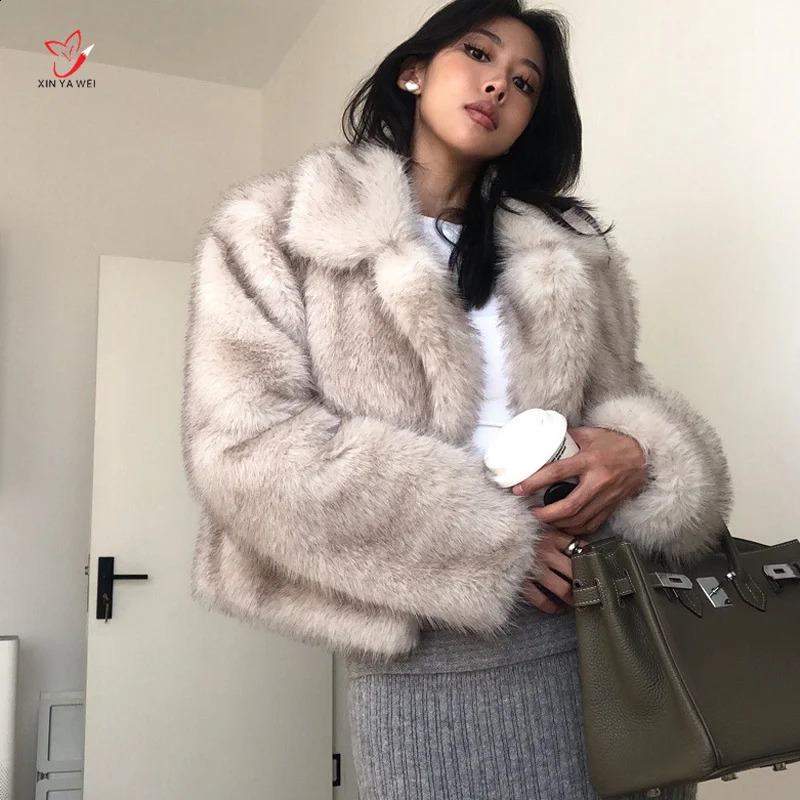 2024 Women Fashion Cropped Faux Fur Jacket Coat Long Sleeve Front Snapbutton Female Outerwear Chic Lapel Coller Thick 241223