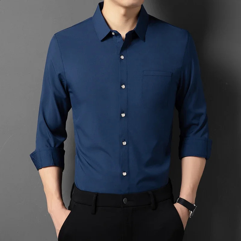 Mens Business Casual Solid Color Long Sleeved Shirt Non Ironing Comfortable Top 241223