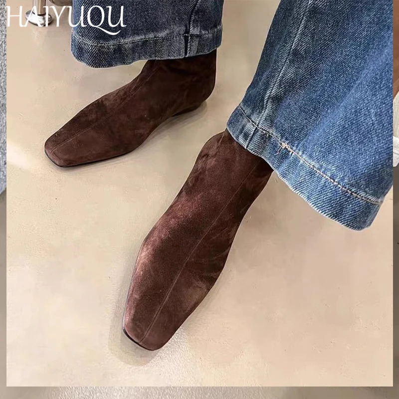 Women Suede Ankle Boots Flats Square Toe Fashion Shoes Woman Trend Chelsea Cozy Walking Warm Mujer Snow Botas 241223