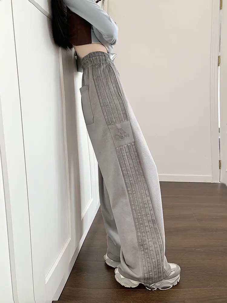 American Gray Sweatpants Women Autumn Winter High-waisted Casual Striped Sweatpants Small People Loose Slimming Wide-leg Pants 241220