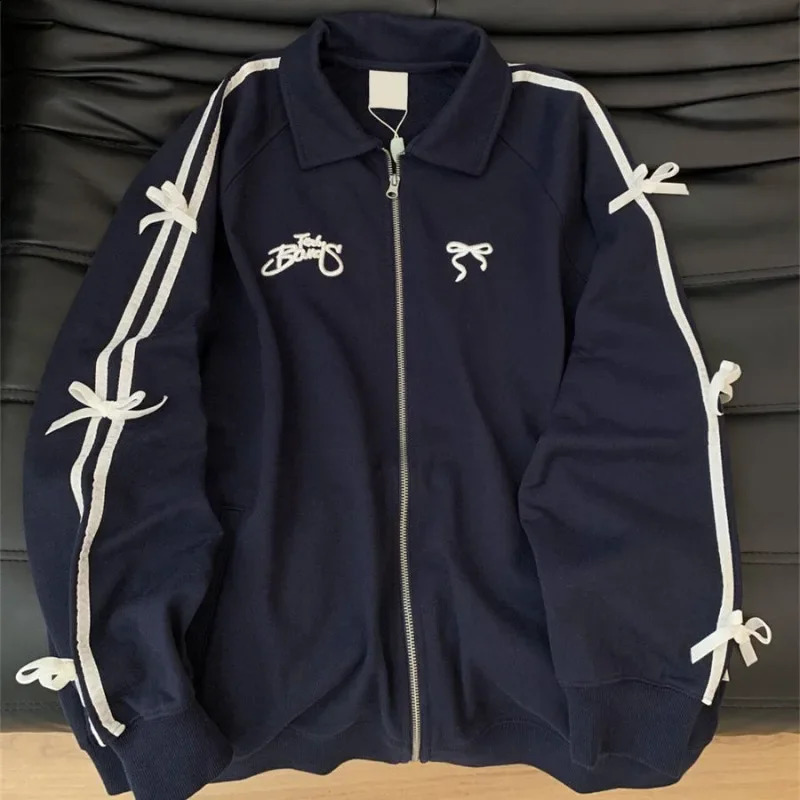 Deeptown Stripes Bow Long Sleeve Jackets for Women Y2k Korean Casual Sweet Zip Up Coats Kawaii Streetwear Loose Tracksuits 241224