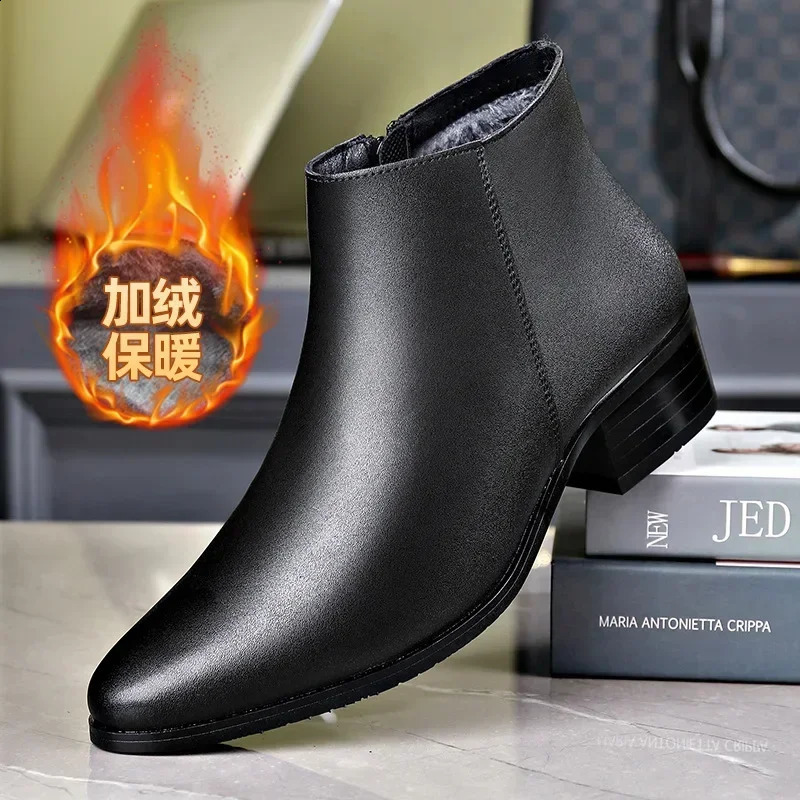 British Business Leather Boots for Men High Heels Pointed Toes and Fleece Chelsea Male Fashion Casual Shoes Man 241223