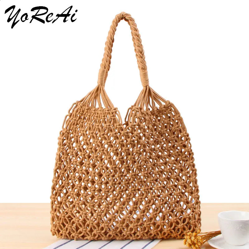 YoReAi Cotton Rope Hollow Straw Bag Sheer Macrame Tote Bohemian Ultralight Shoulder Bags Net Pack Vintage Retro Chic Handbag 241225