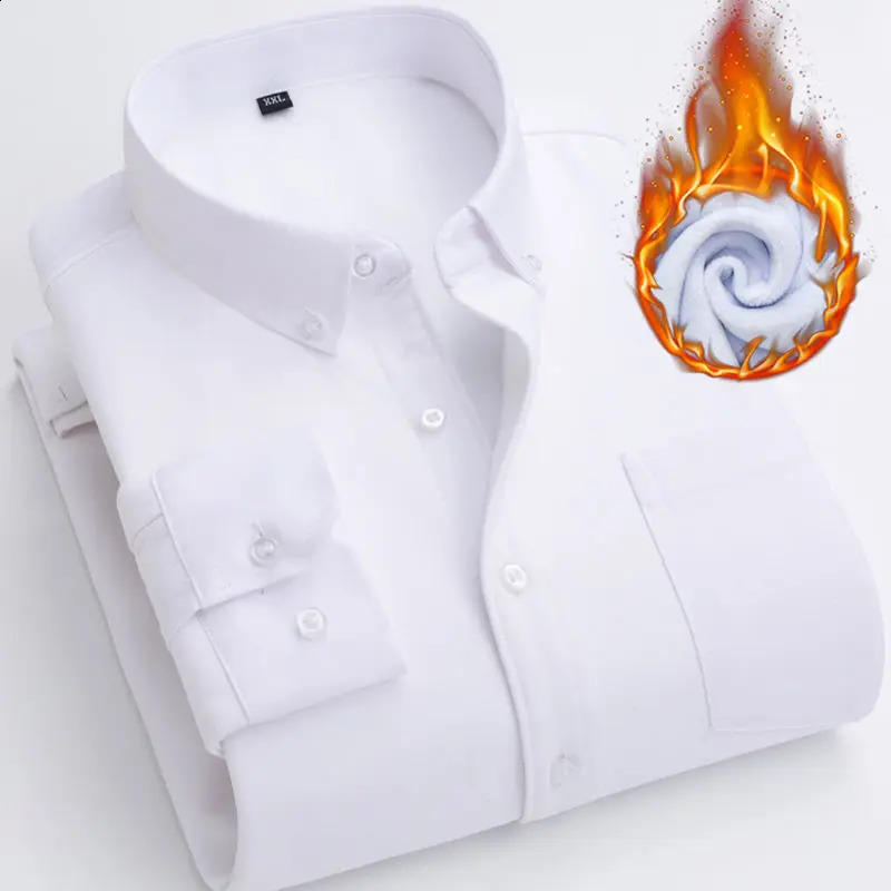 Winter Mens Thermal Shirt Thicken Warm Fleece Velvet Casual Dress Shirts Oxford Cotton Long Sleeve Slim Fit Soft Comfortable 241223
