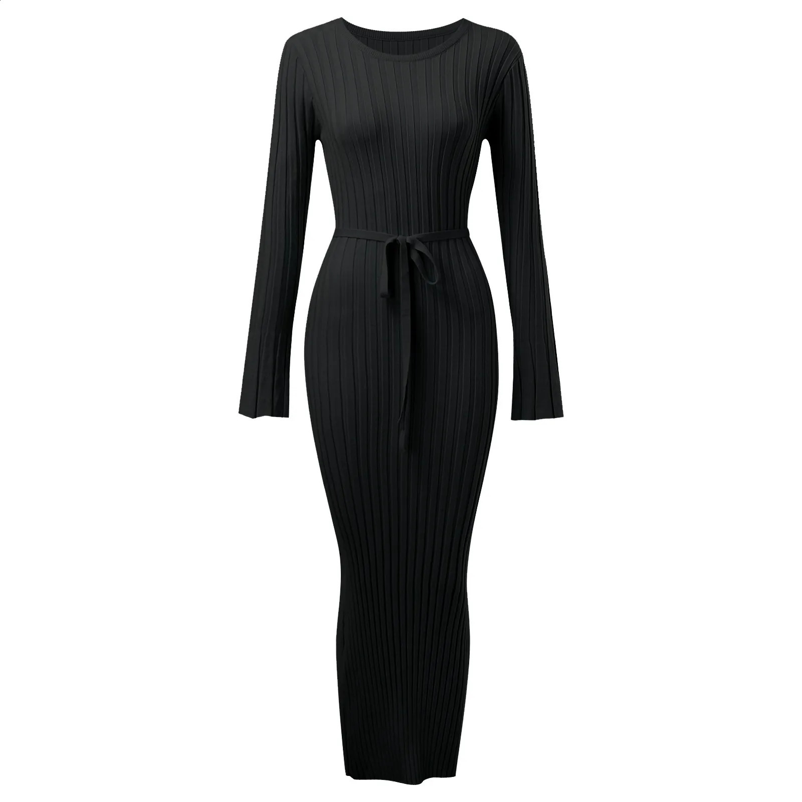 WomenS Ribbed Knitted Midi Dress Long Sleeve Round Neck Long Dress For Fall Party Bodycon Sweater Dress Vestidos Para Mujer 241224