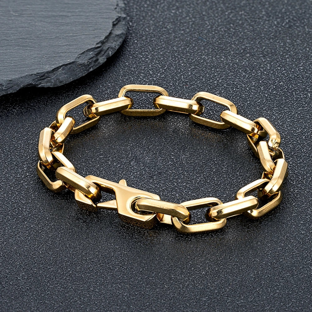 Never Fade Stainless Steel Rectangle Chain Bracelet Men Women Vintage Locomotive Motorcycle Bracelets Black Gold Color Jewelry 241223