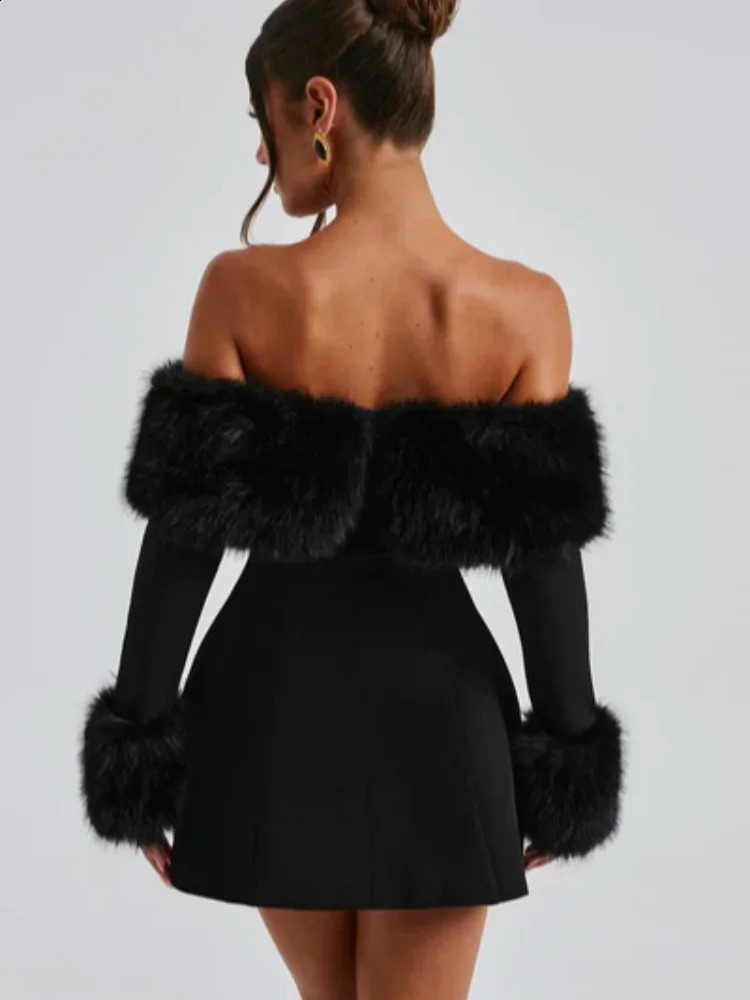 Chic Fluffy Fur Collar Patchwork Black Mini Dress Fashion Off Shoulder Long Sleeve A-line Slim Dresses Lady Evening Party Robes 241224
