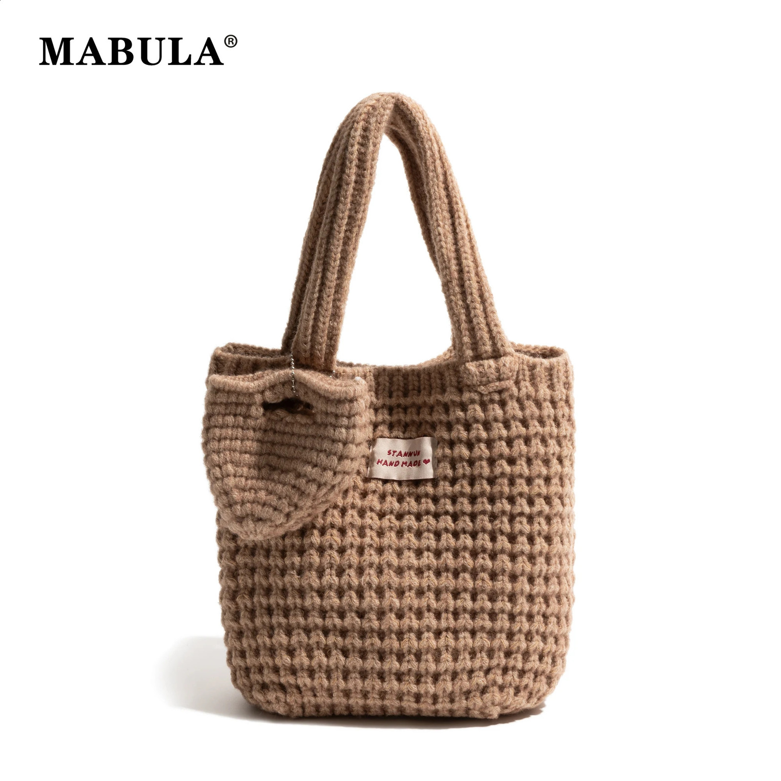 MABULA Winter Woman Knitted Tote Bag Handmade Crochet Kawaii Shoulder Cotton Fabric Woven Aesthetic Fashion Casual Handbag 241226