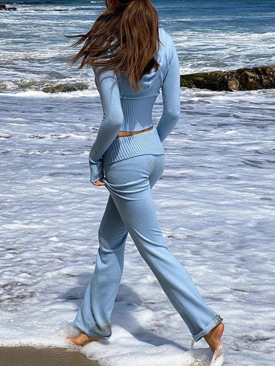 Women Fall 2 Piece Outfits Ribbed Knit Slim Fit Long Sleeve Zip Up Crop Jacket Skinny Flare Pants Loungewear Sets 241228bjbj