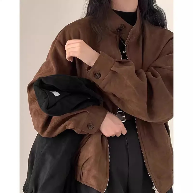 Stand Collar Zipper Chaqueta Mujer Long Sleeve Jaqueta Feminina Vinatge Jackets Woman Deerskin Casaco Autumn Winter Ropa 241224