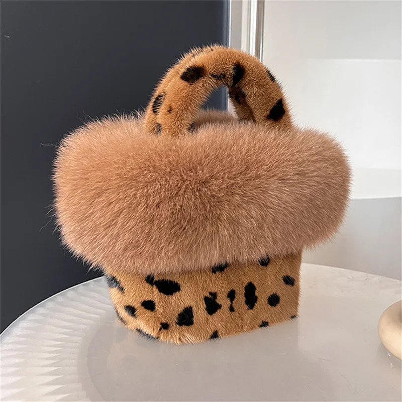 Real Mink Fox Fur Women Handbags Female Multifunctional Large Capacity Basket Bags Fashion Wrist Bags For Ladies Phone Purse 241227