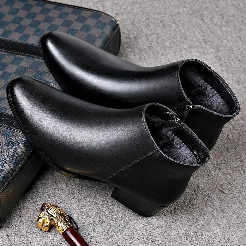 British Business Leather Boots for Men High Heels Pointed Toes and Fleece Chelsea Male Fashion Casual Shoes Man 241223
