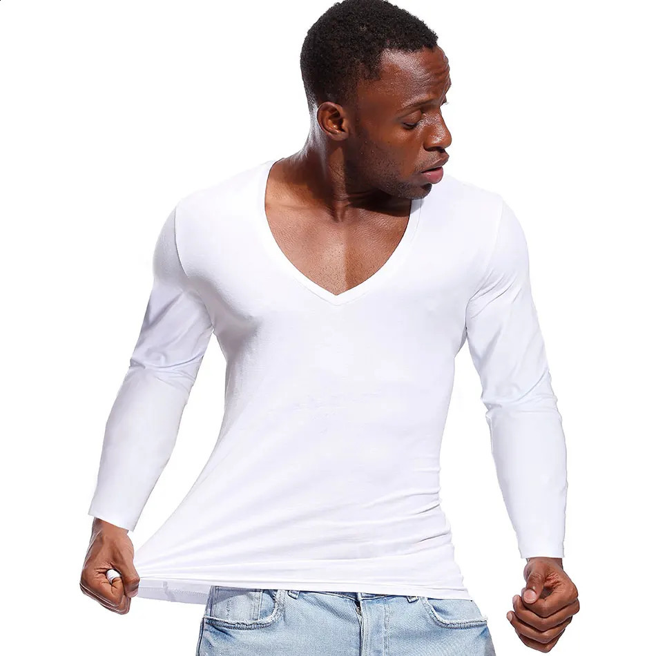 Deep V Neck Tshirt for Men Low Cut Wide Collar Top Tees Male Pure Cotton Slim Fit Long Sleeve Men T Shirt 241224