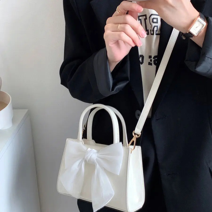 Fashion Casual Handbags For Women Girls Cute Bow White Pink PU Leather Tote Bags Trendy Daily Square Shoulder Underarm Bags 241223