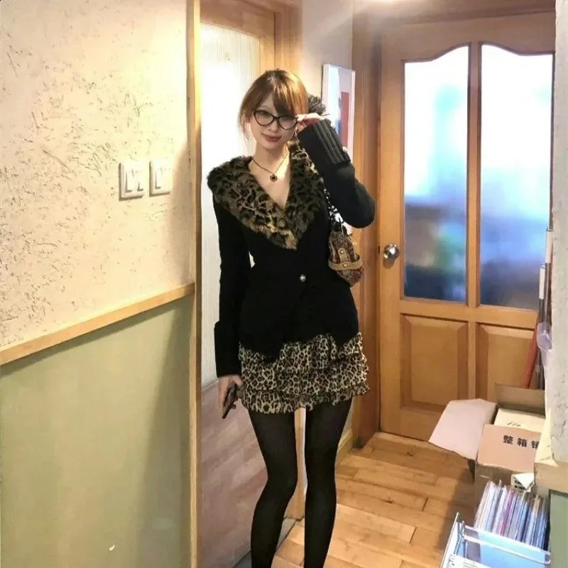 Y2K Retro Leopard Print Fur Collar Patchwork Knitted Cardigan Jacket Autumn Winter Girl Waist Slim Harajuku Casual 241223