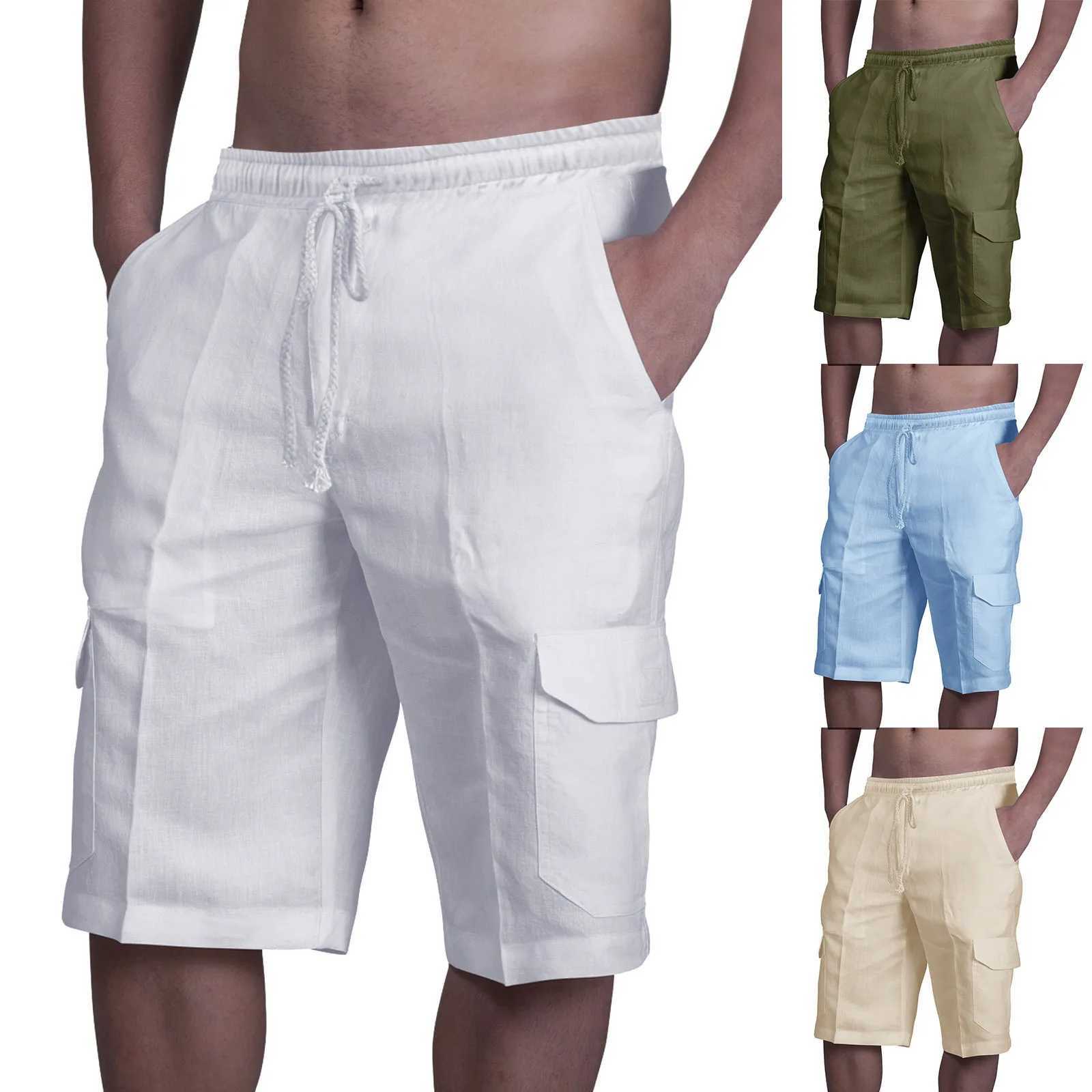 White linen mens summer casual multi pocket sports shorts mens fashionable elastic waist breathable beach shorts W241228