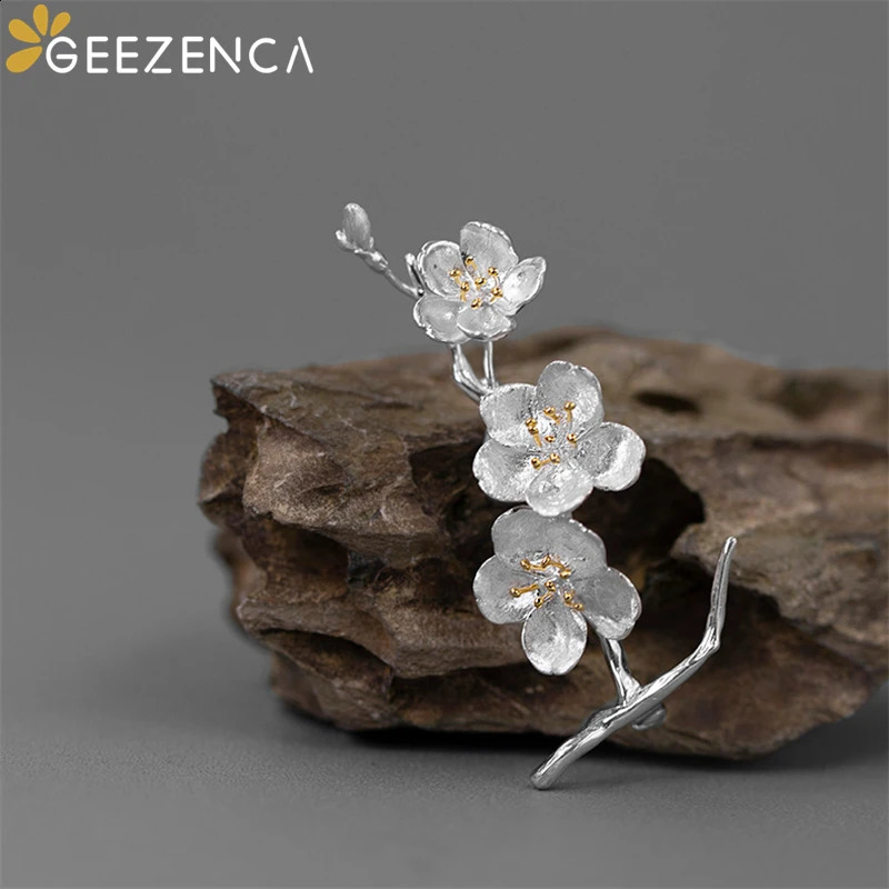 GEEZENCA 925 Sterling Silver Cherry Blossom Brooches For Women Aesthetic Flower Chic Clothing Accessories Pins Gift 241227