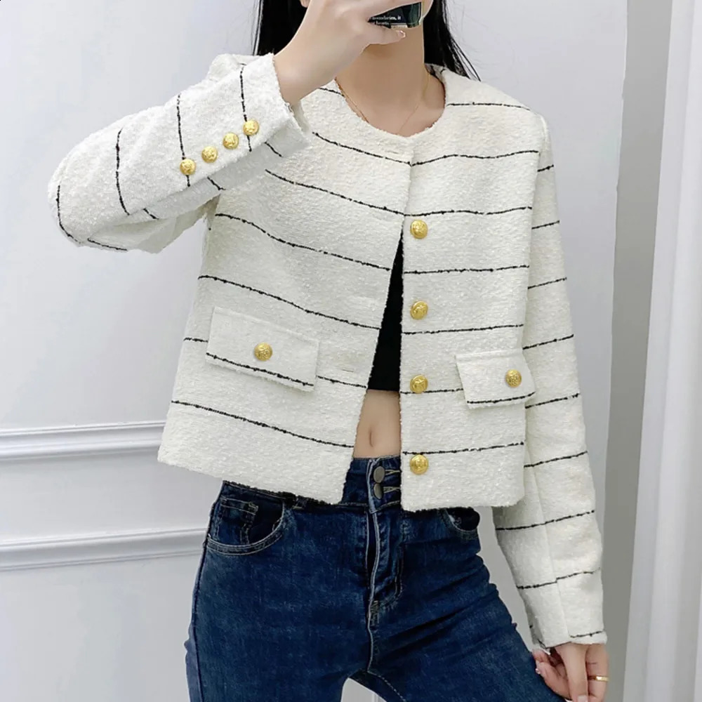 Wool Coat Women High Quality s Fall Clothes Classical Striped Winter Top Korean Fashion Street Tweed Short Jacket 241224