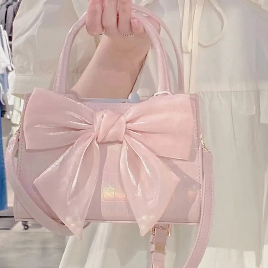 Fashion Casual Handbags For Women Girls Cute Bow White Pink PU Leather Tote Bags Trendy Daily Square Shoulder Underarm Bags 241223