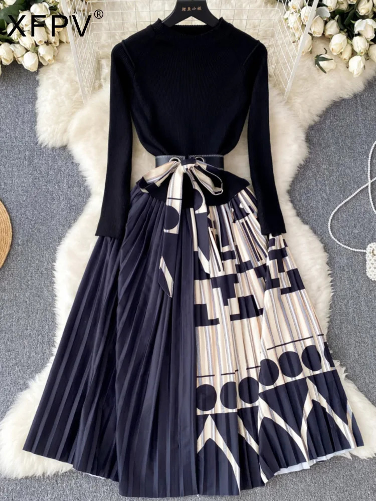 XFPV Women Light High Waist Print Patchwork Belt Aline Dresses Stand Collar Knit Vestidos Spring Summer 2025 SM10681 241228