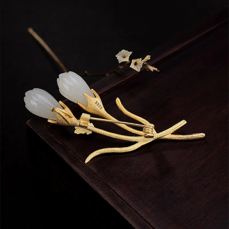 Uglyless Real Solid 925 Sterling Silver Natural Jade Magnolia Pins for Women Evening Dress Brooches Dual Use Flower Pendants 241227