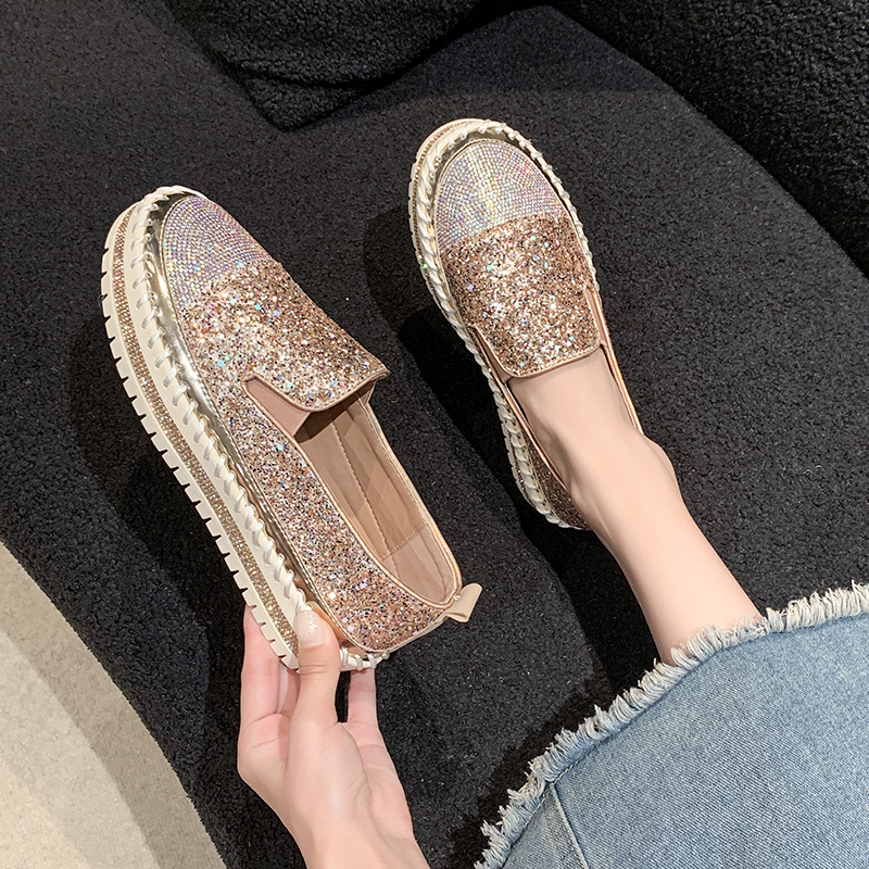 Women's Water Diamond Fashion Casual Shoes Designer Flat Shoes High Quality Thick Bottom Luxury Single Shoes Zapatos de Mujer Luxurious shiny out