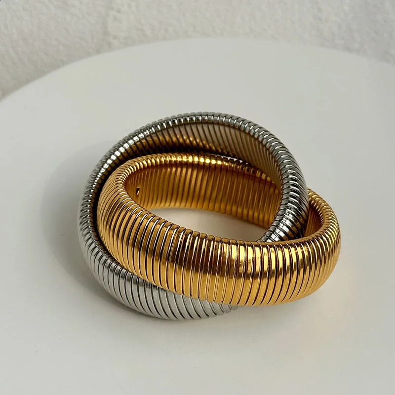 Double layered elastic Gypsy bangles stainless steel wide chunky bangles statement jewelry waterproof punk jewelry 241228