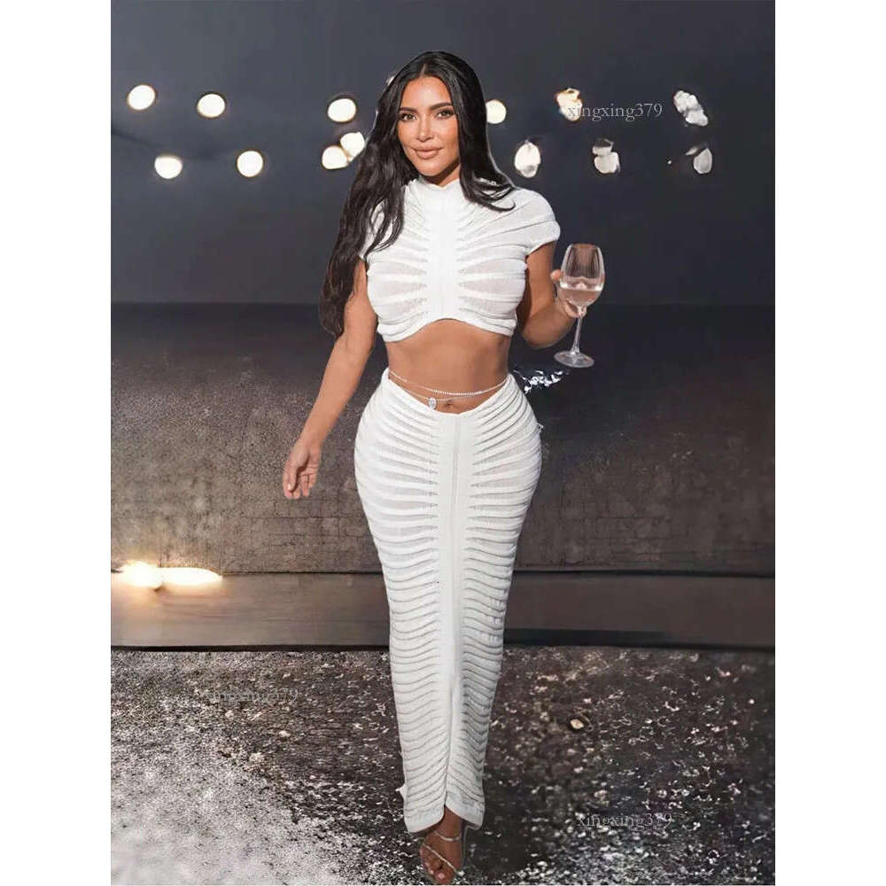 Weird Puss Knit Women Tracksuit 2 Piece Set Striped Stretch See Through Shorts Sleeve Crop TopsMaxi Skirts Matching Streetwear 240307