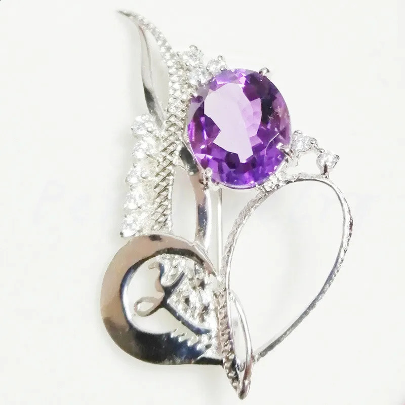 Natural real purple amethyst brooch pins Y style 925 sterling silver 10*12mm 4.5ct gemstone Fine jewelry C9021101 241227