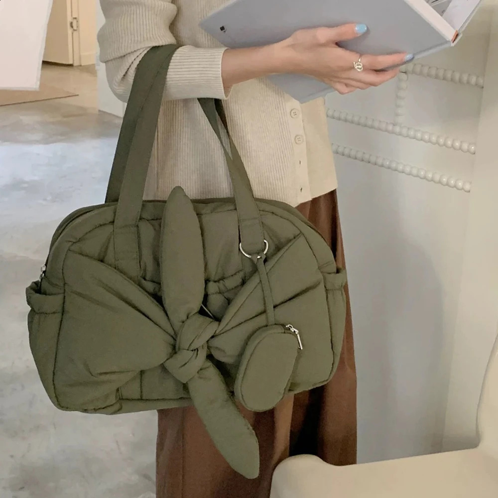 Quilted Bow Tote Bags for Women Cotton Padded Shoulder Bag Nylon Space Down Handbags Bag 2025 Pad Shopper Purses 241227