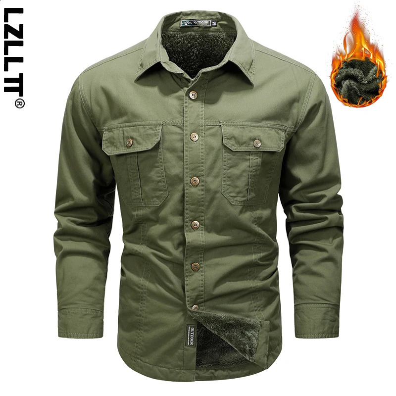 Winter Men Fleece Cargo Cotton Long Sleeve Shirts Man Casual Military Tactic Thick Shirts Man Outdoor Blouses Polo Top Shirt 5XL 241223