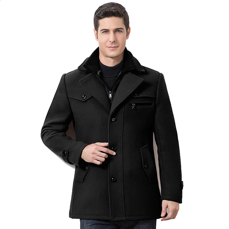 Winter Mens Casual Wool Trench Coat Fashion Business Medium Solid Thicken Slim Windbreaker Overcoat Jacket Male Plus Size 5XL 241220