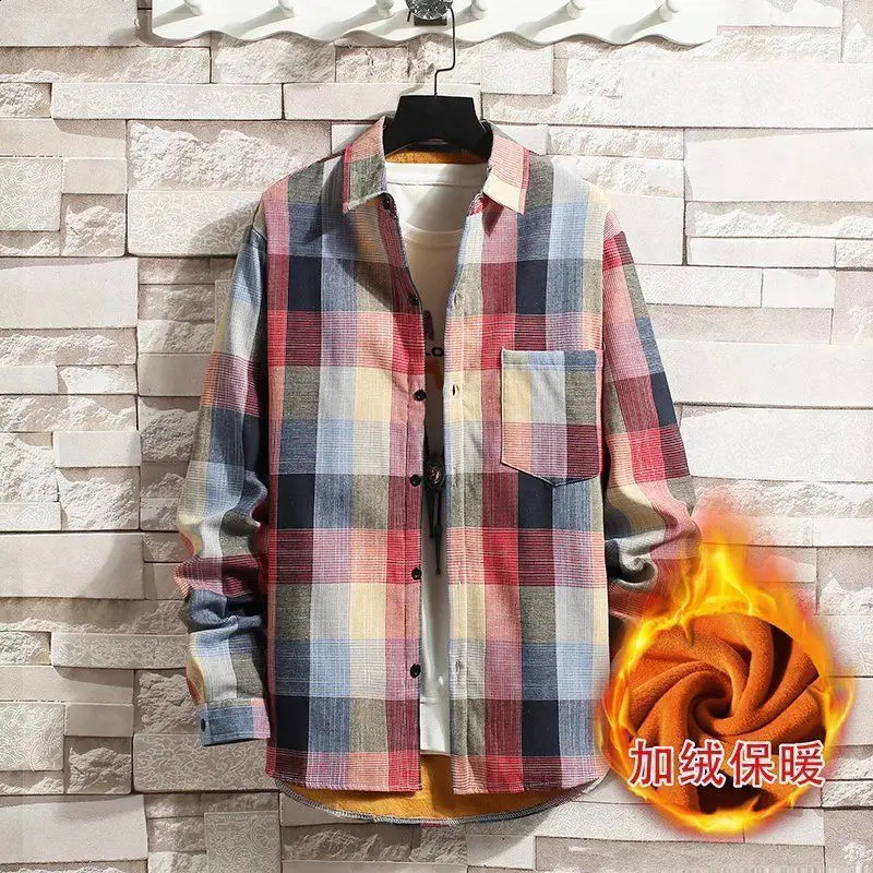 Checkered Shirt Mens Casual Plus Plush Thick Mens Long Sleeved Warm Shirt Student Korean Version Trendy Jacket 241223