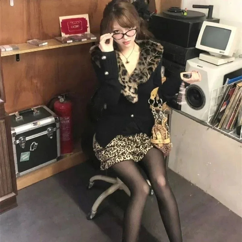 Y2K Retro Leopard Print Fur Collar Patchwork Knitted Cardigan Jacket Autumn Winter Girl Waist Slim Harajuku Casual 241223