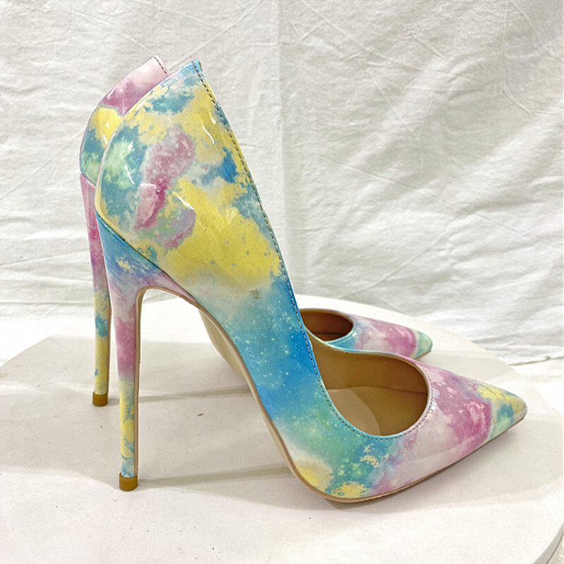 Colorful Print Patent Leather Women's Pointed Toe Stilettos Sexy Ladies Banquet Slip-On High Heels 8Cm 10Cm 12Cm Party Shoes