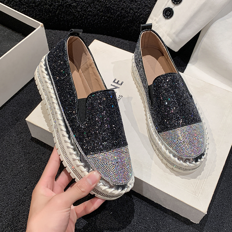 Women's Water Diamond Fashion Casual Shoes Designer Flat Shoes High Quality Thick Bottom Luxury Single Shoes Zapatos de Mujer Luxurious shiny out