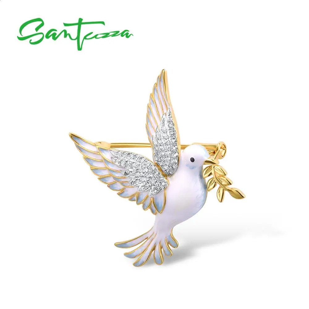 SANTUZZA Silver Brooch for Women Pure 925 Sterling Silver Yellow Gold Color Peace Bird Animal Jewelry Handmade Enamel 241227