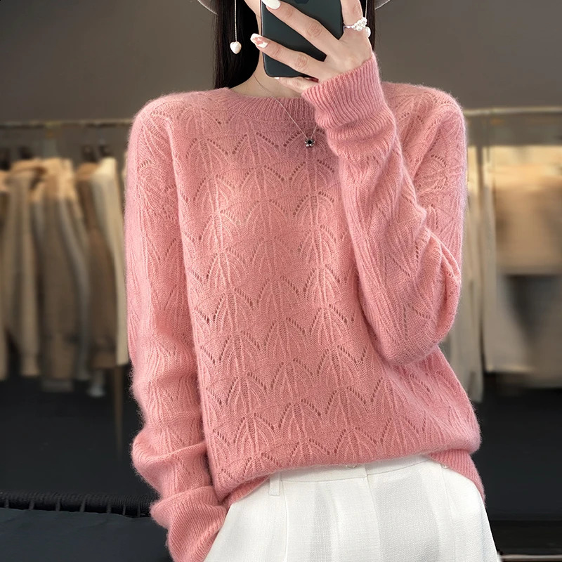 Wool Oneck Sweater Women Knitted Hollowout Long Sleeve Tops Spring Female Pullover Autumn Winter Loose Fashion Basics Jumper 241223Z