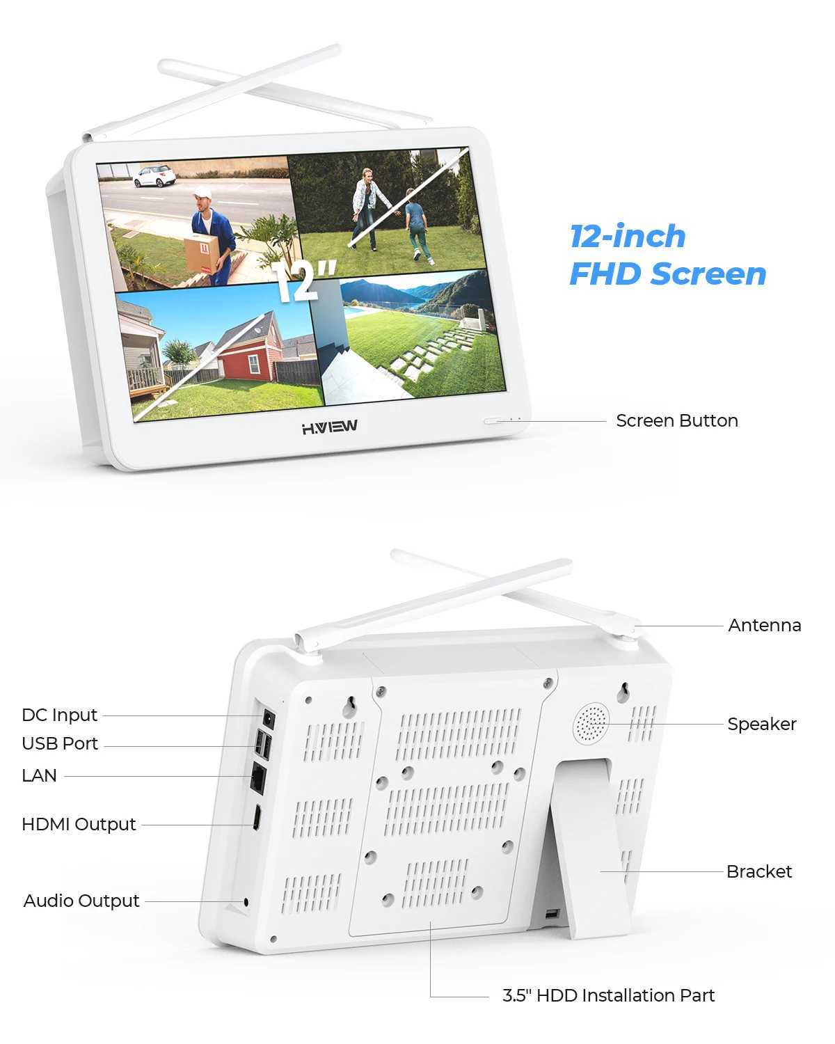 H.VIEW 3MP 5MP WiFi Security Camera Two-Way Audio System Kit Wireless CCTV System NVR with 12 LCD Monitor OutdoorXJ241228