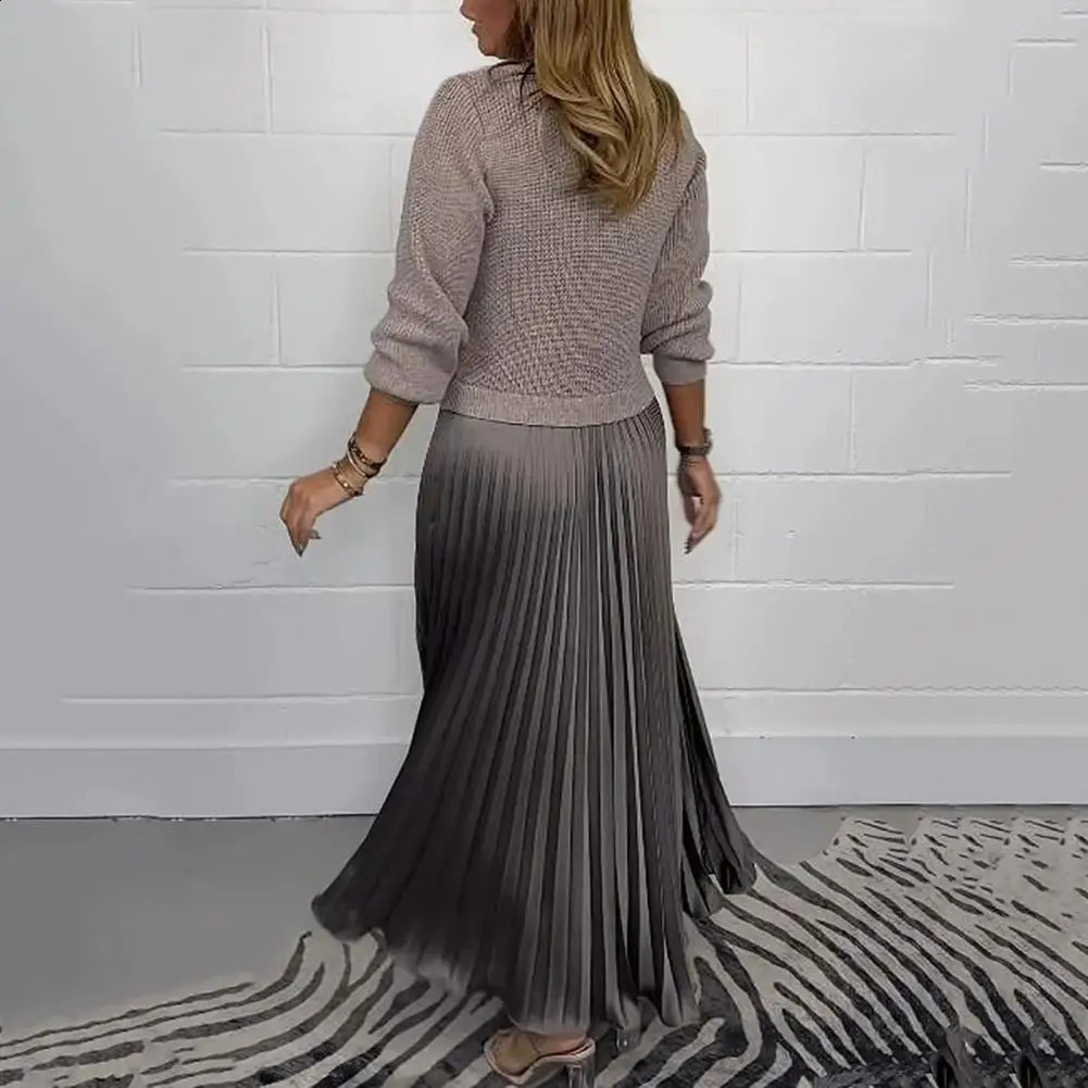 Autumn Winter Women Dress Knitted Sweater Twopiece Pleated Skirt Patchwork Long Sleeve Round Neck Aline Maxi 241228