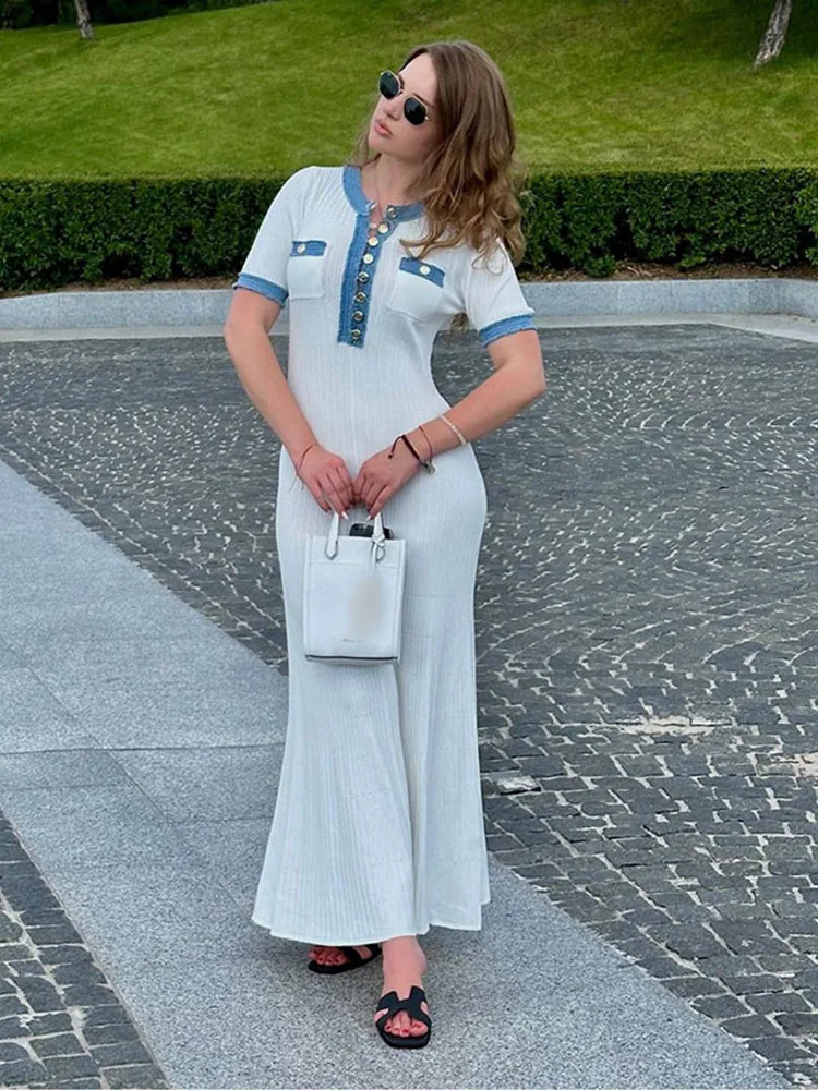 Elegant V Neck Denim Patchwork Knitted Long Dres Fashion Short Sleeve Buttons Dresses 2024 Chic Office Lady Pockets Robes 241228