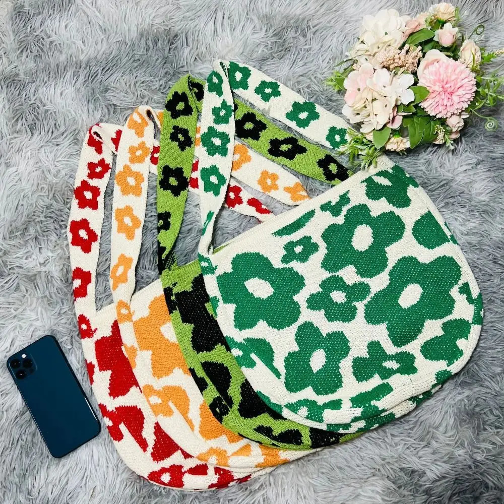Flower Print Knitted Shoulder Bag Casual Colorful Large Capacity Tote Handbag Bohemia Style Travel Shopping 241225