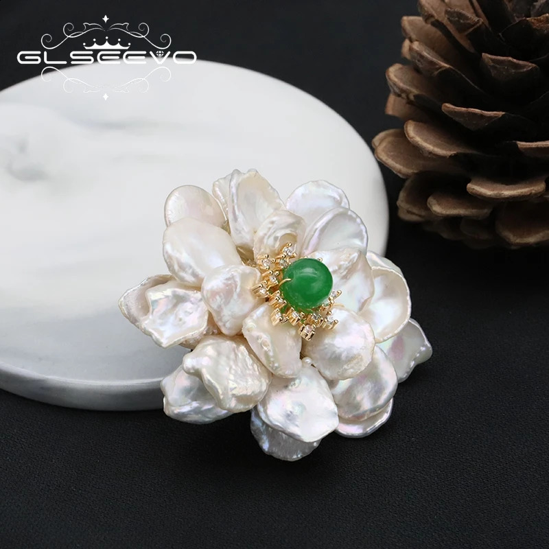 GLSEEVO Natural Tahitian Baroque Pearls Woman Brooch Green natural stone accent n Exquisite Romantic Jewelry Anniversary 241227