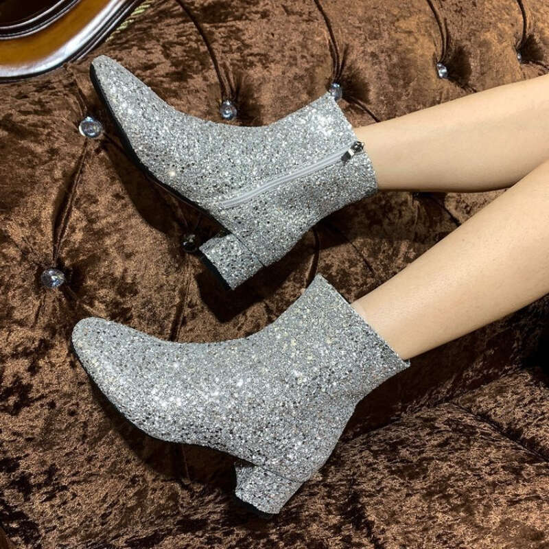 Women's Plus Size Gold Sequin Embellished Round Toe Side Zipper Short Warm Fleece ing Chunky Heel Anti-Wind Ankle Boots